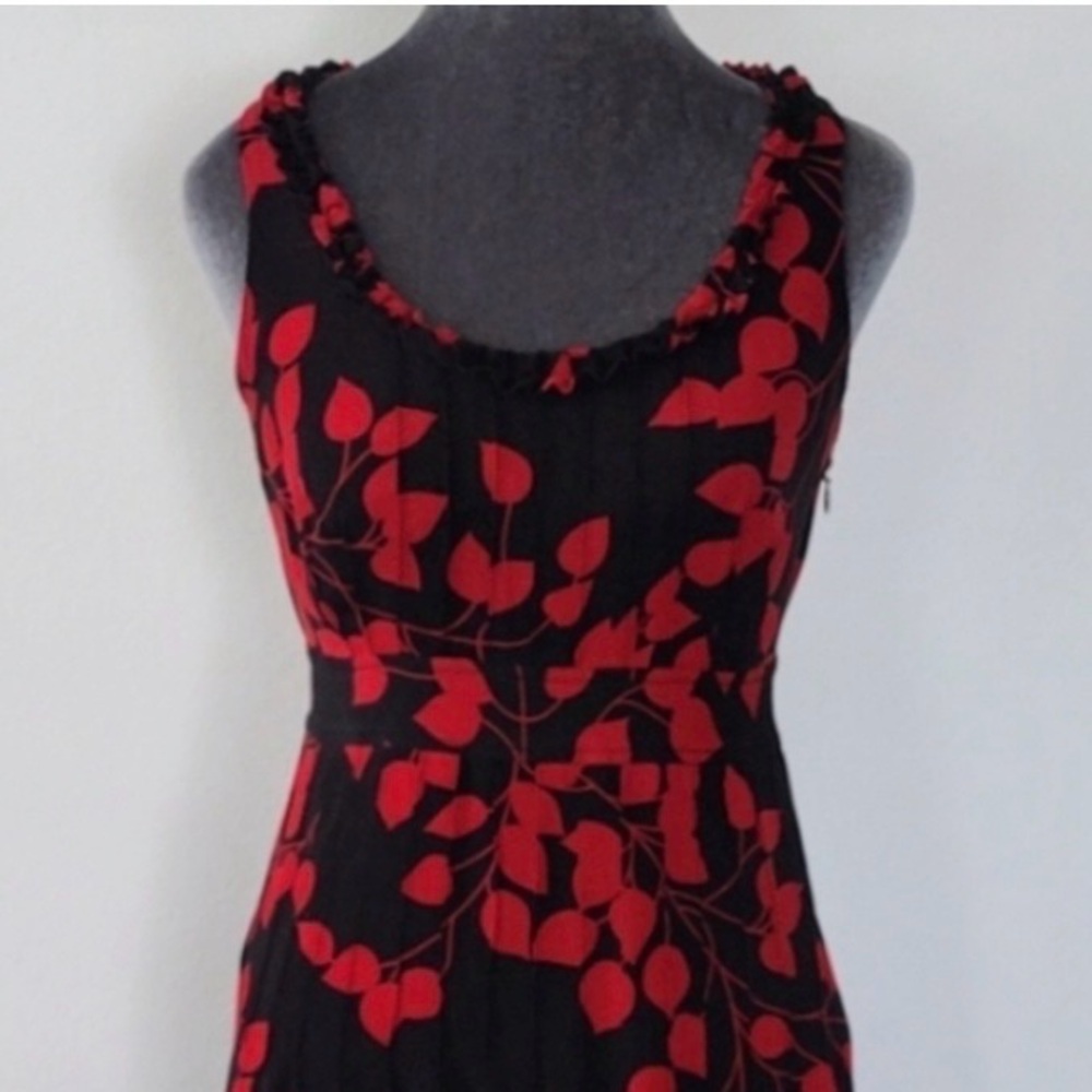 Tory Burch Silk Print Red and Black Leaf Midi Dress - Picture 2 of 11